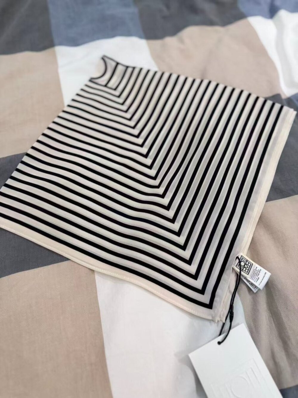 Toteme Geometric Stripe Silk Scarf Black Ivory Square Minimalist